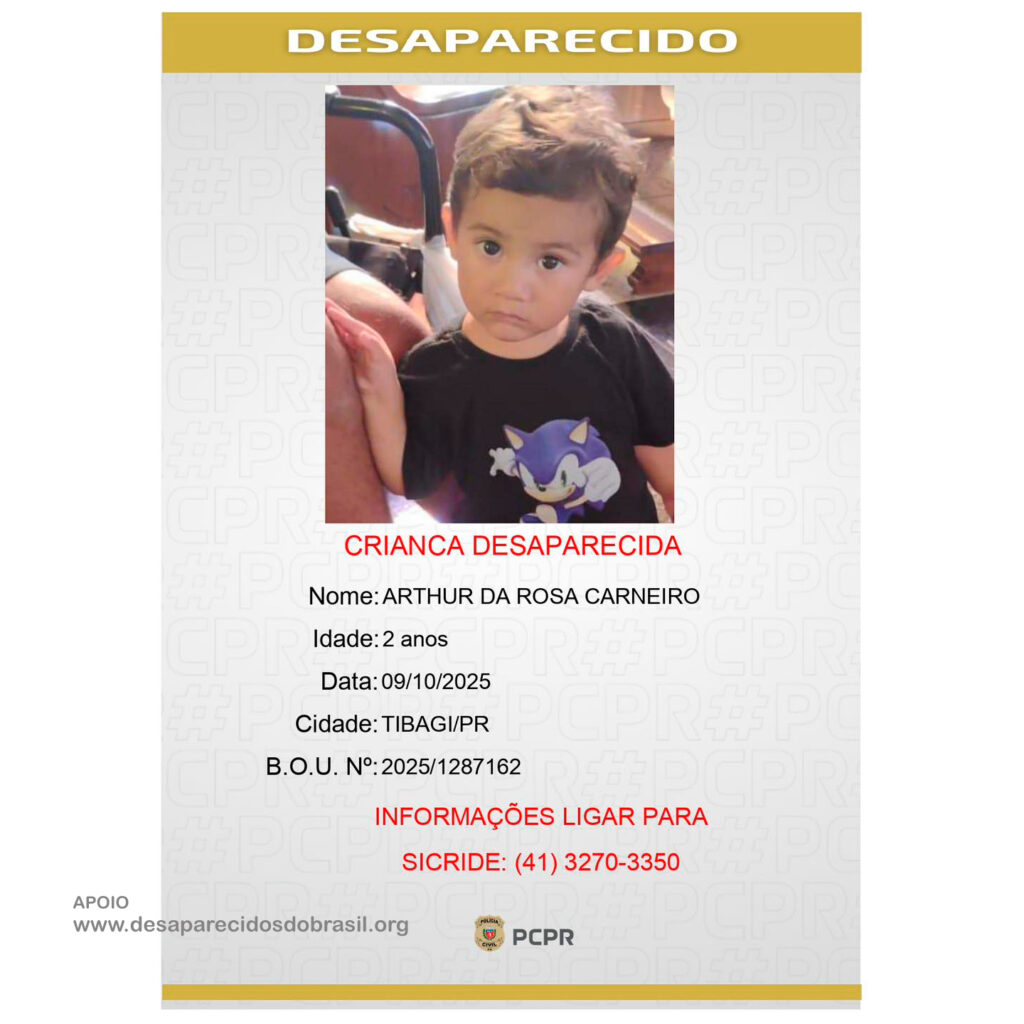 Arthur da Rosa Carneiro, 2 anos, desaparecido.