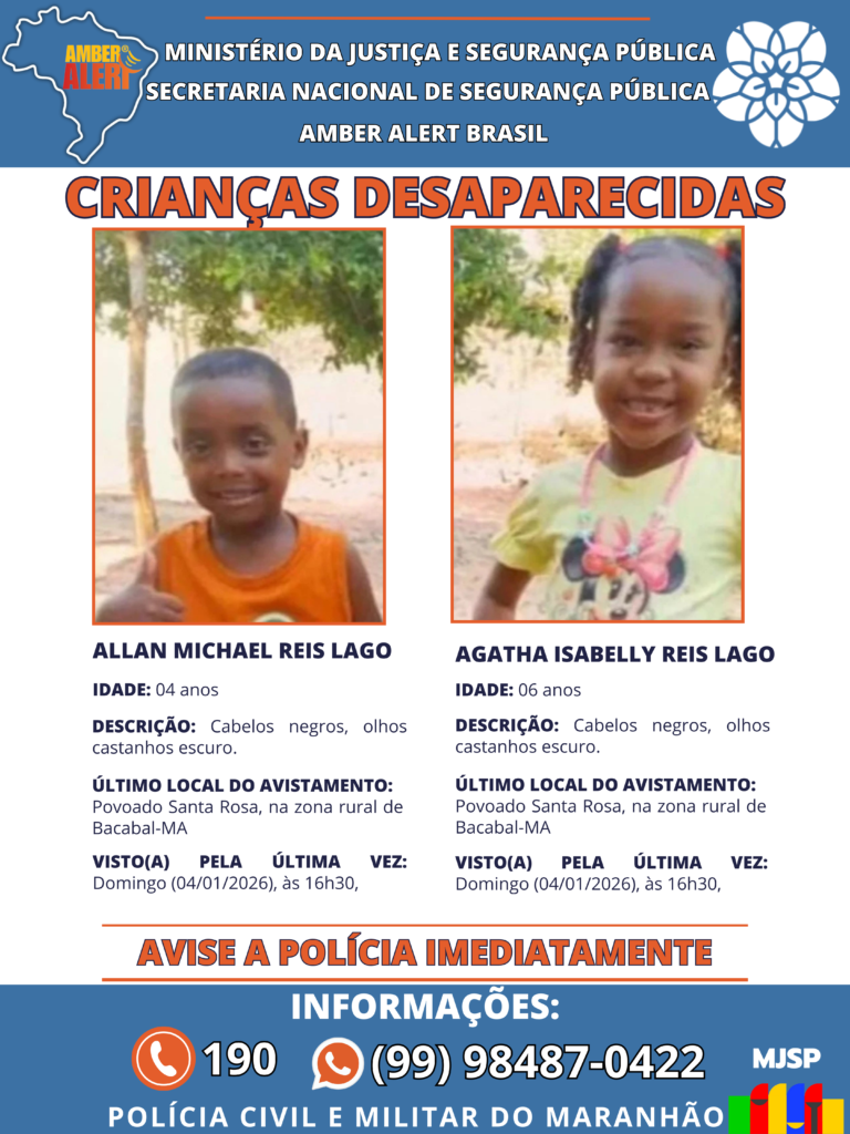 Allan Michael Reis Lago e Agatha Isabelly Reis Lago. Irmãos desaparecidos em 01/2026 em Bacabal - MA.